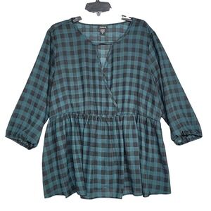 Torrid Size 2 Teal Green Black Buffalo Check Plaid V Neck Peplum Blouse Sheer 2X